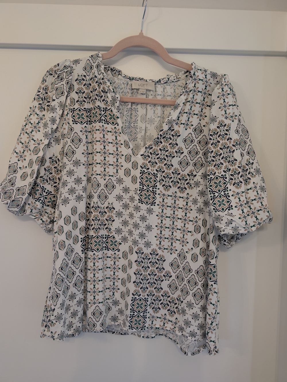 LOFT White Blouse with Green and Black Geometric Print